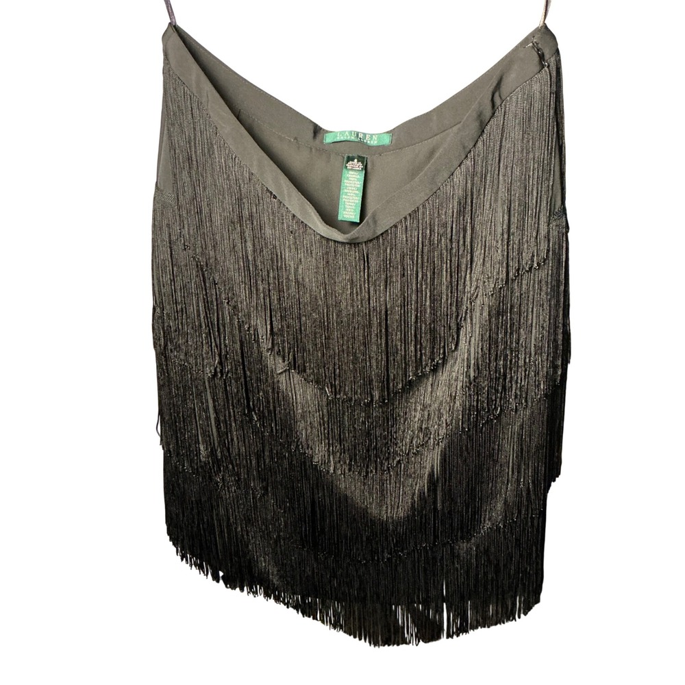 Lauren Ralph Lauren Black Fringe Mini Skirt Tiered Flapper Style Size 8